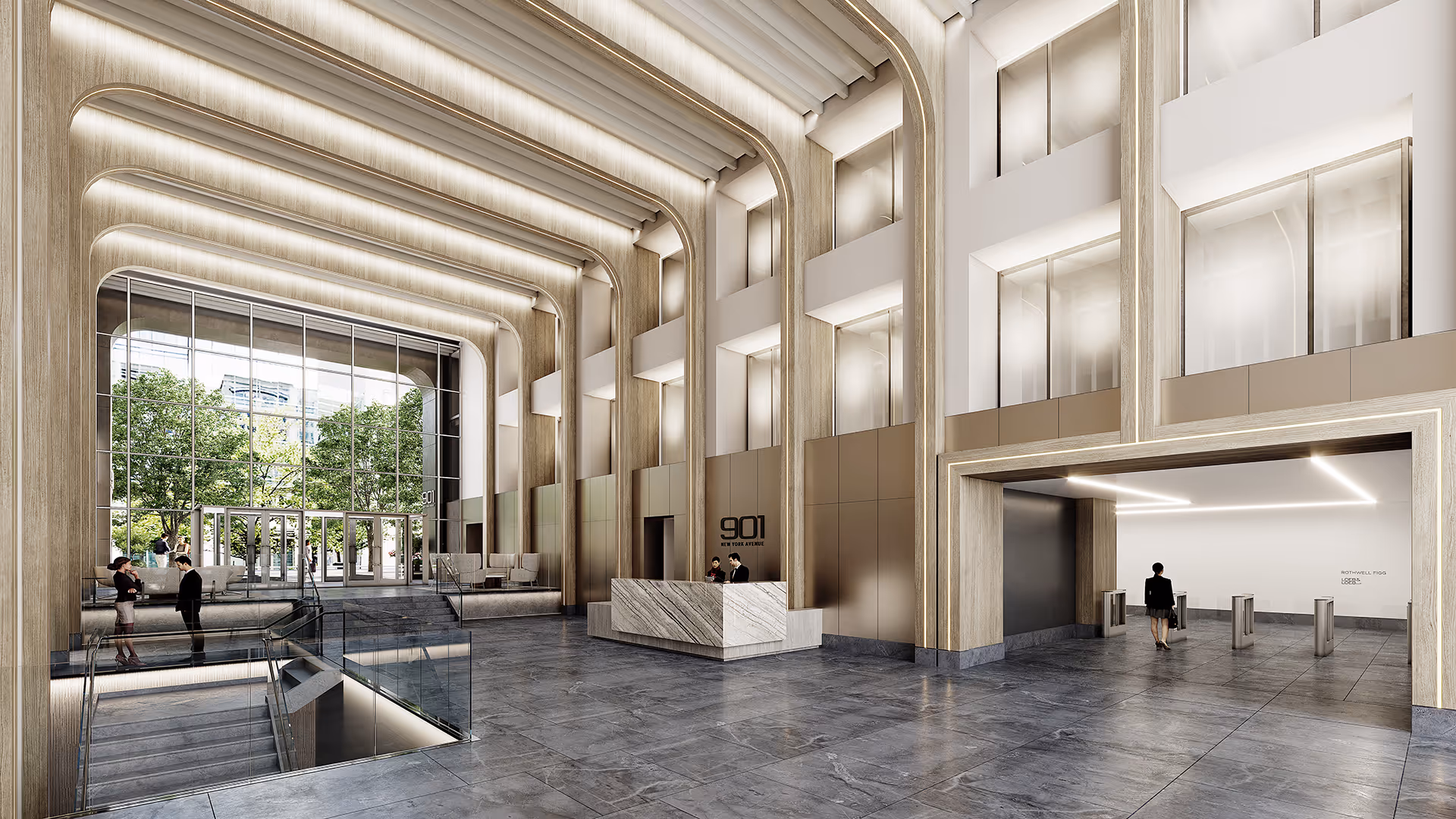 Main lobby entrance of 901 New York Avenue with sleek design elements