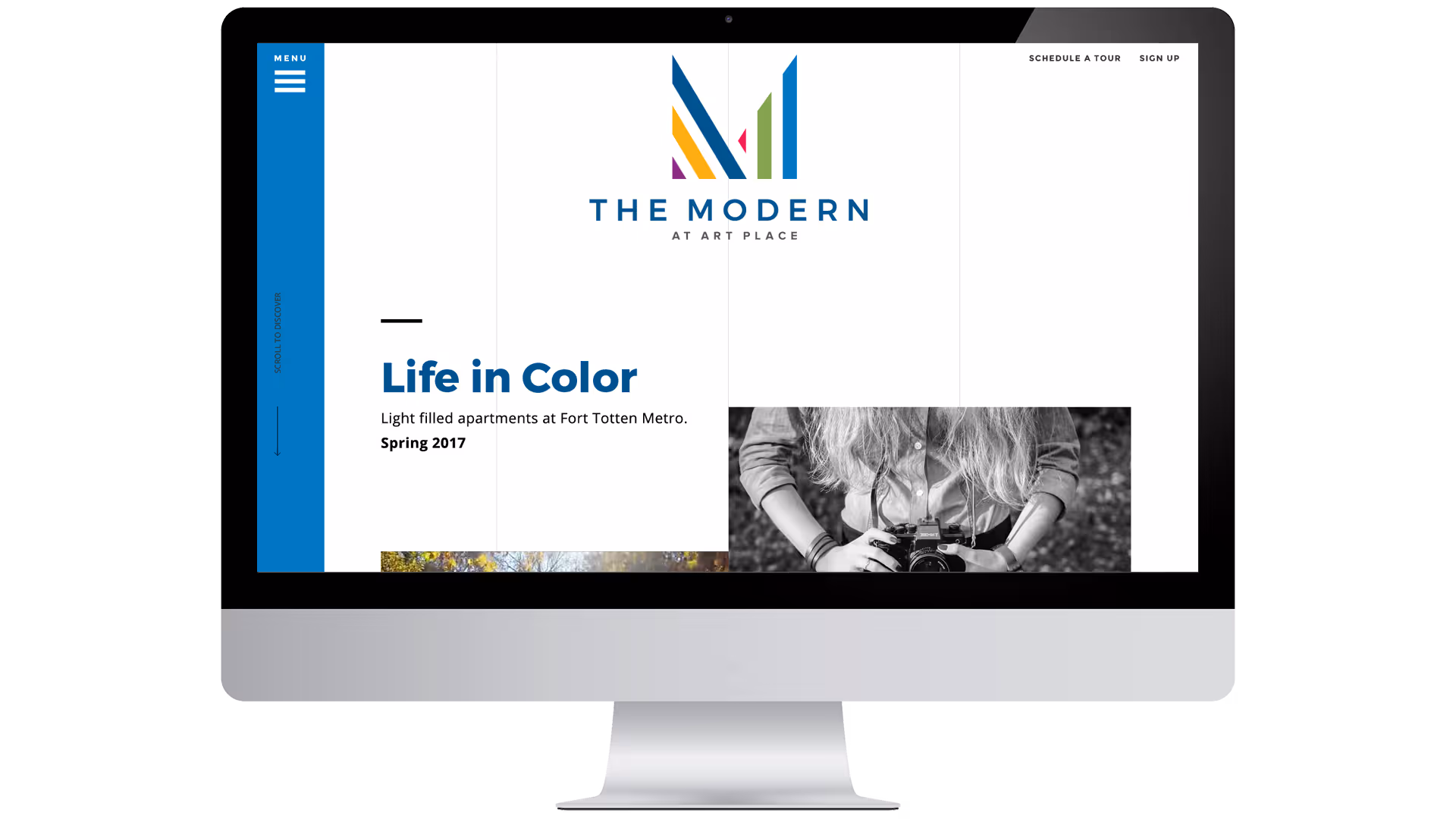 The Modern apartment website homepage with vibrant color scheme