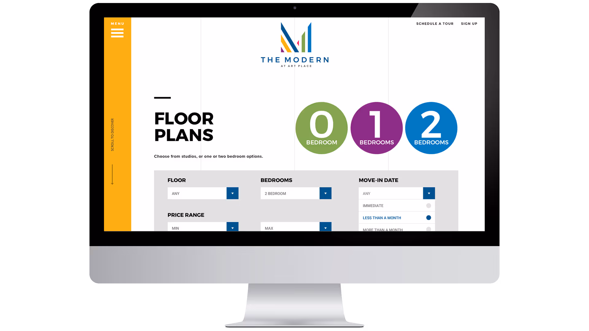 The Modern apartment website floor plans page showing unit layouts