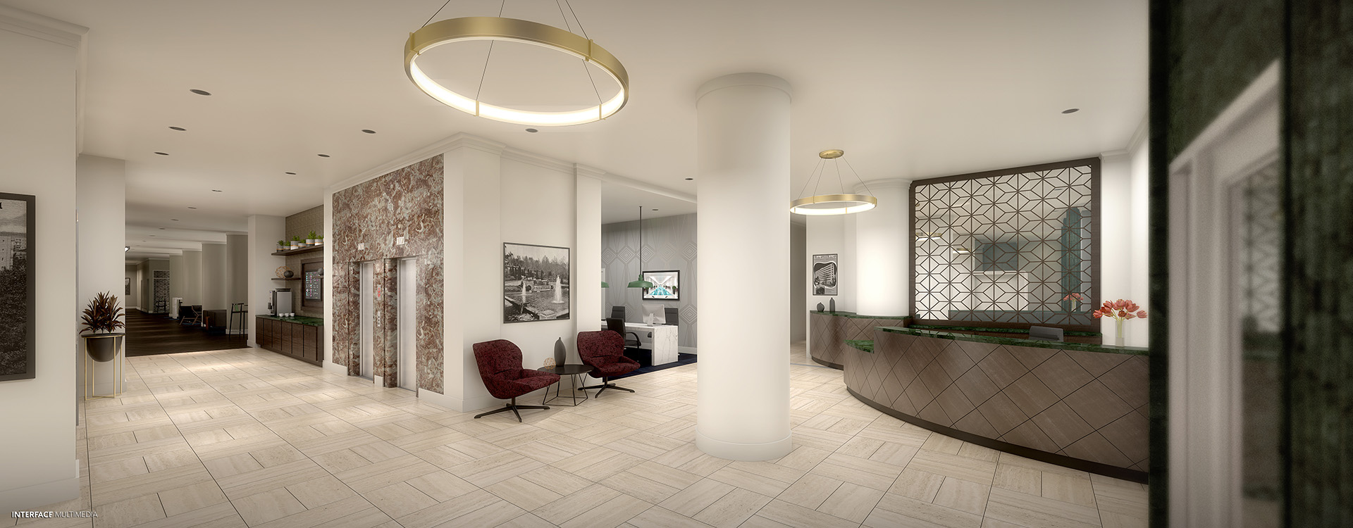 Âme Apartments communal space with classic architectural details and modern furnishings