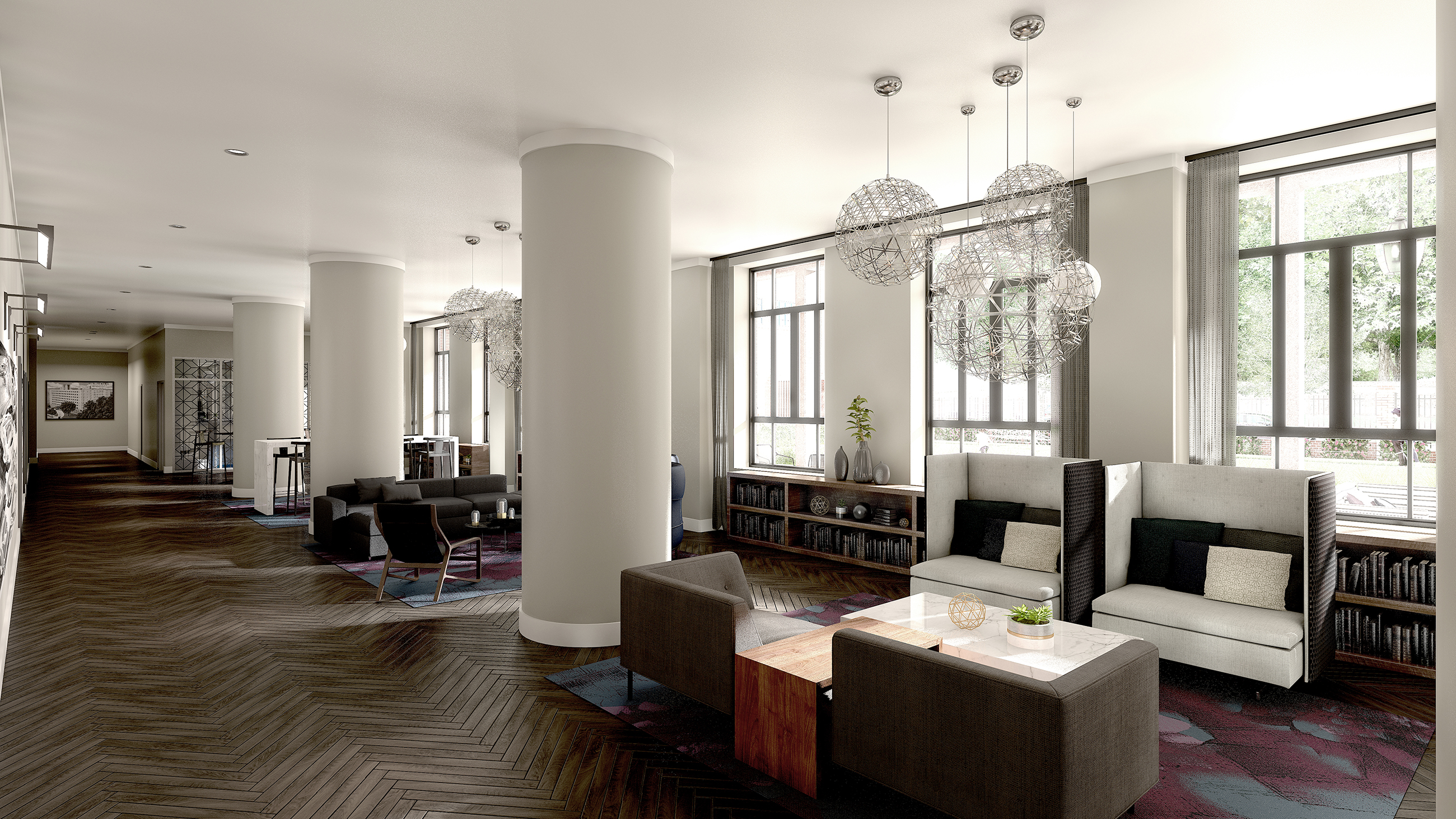Secondary view of Âme Apartments lounge showing seating areas and design elements
