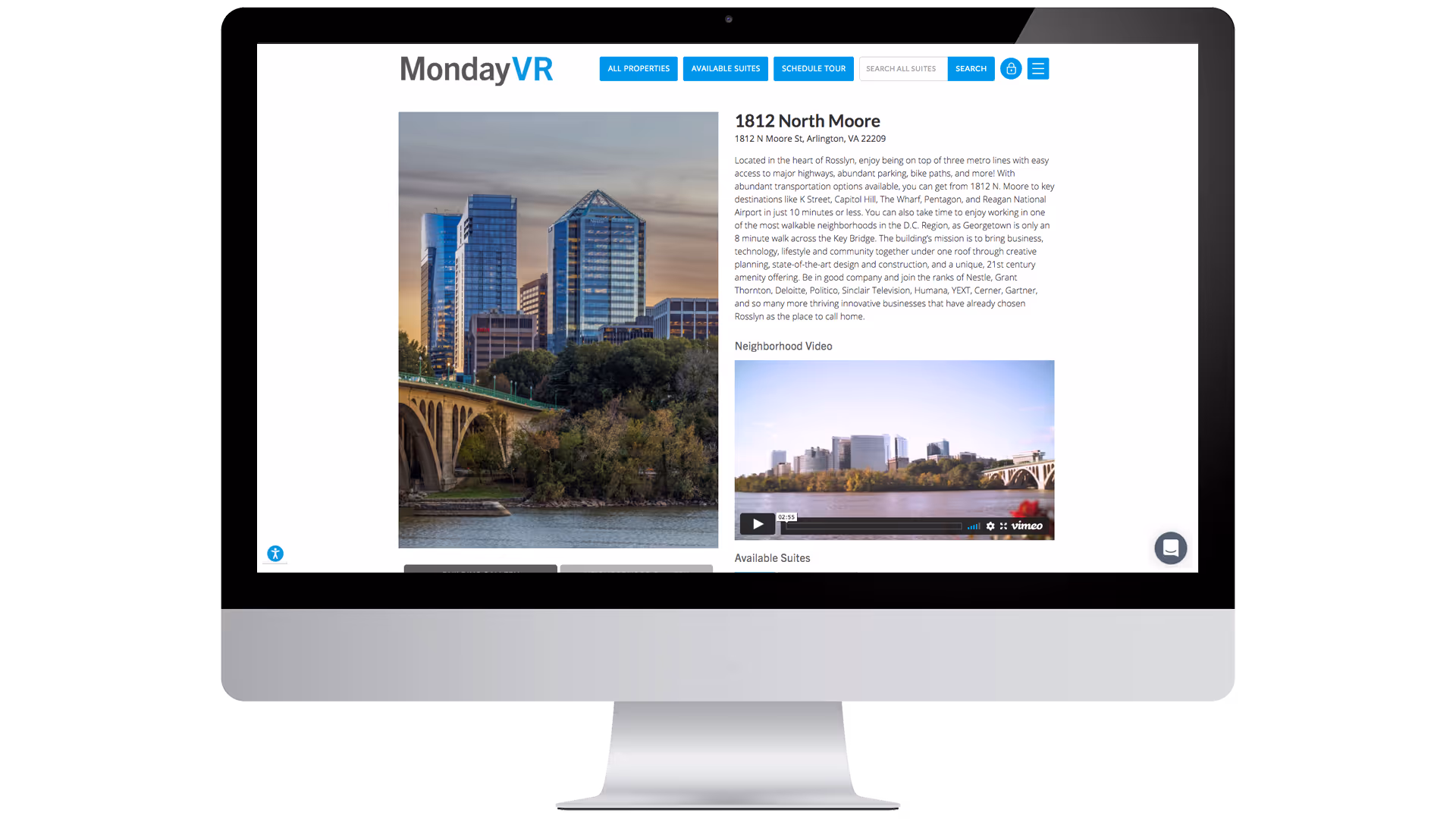 MondayVR property detail page showing available office spaces and virtual tour options