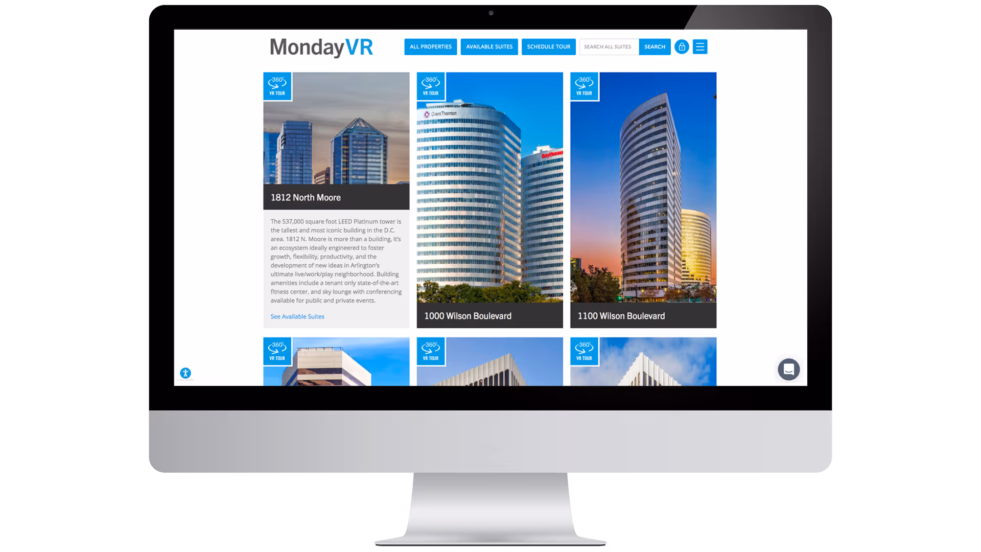 MondayVR user interface showing property portfolio map with selection options