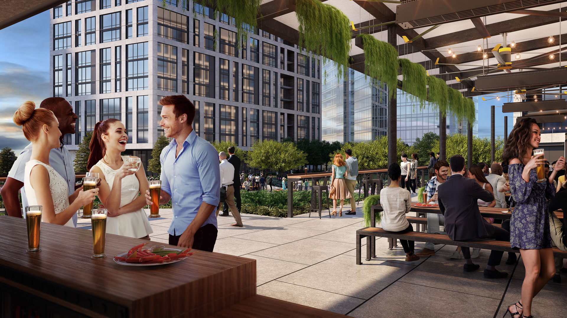 The Perch biergarten area with outdoor seating and landscaping on rooftop