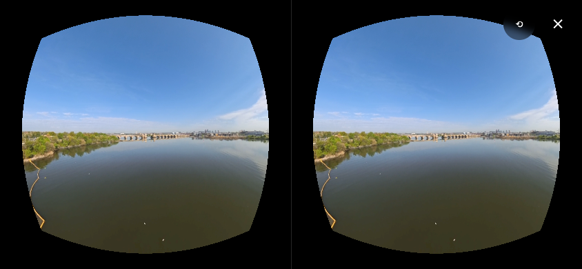 Screenshot of the headset mode, showing the split, lens-corrected view used inside the Cardboard viewer.