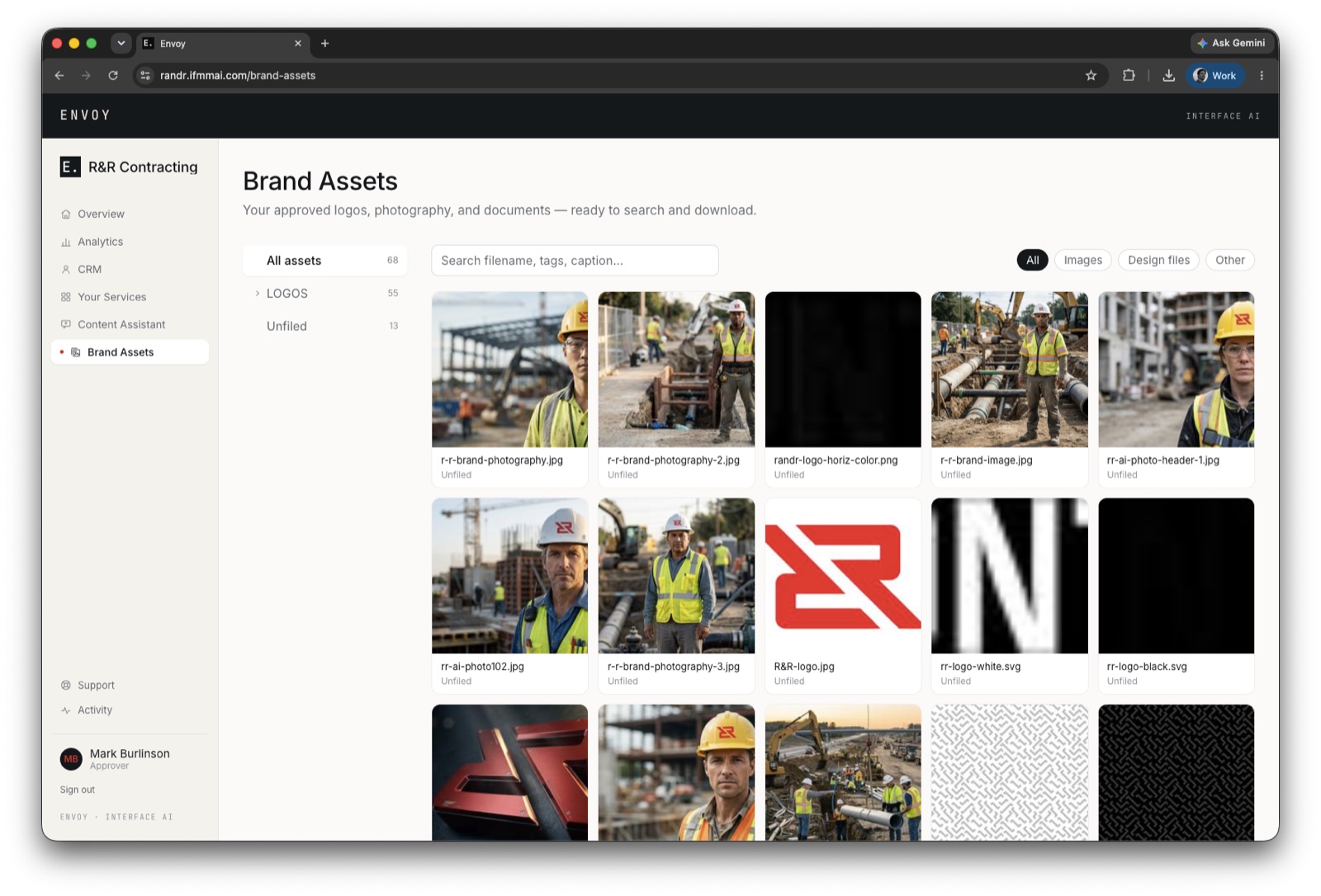 The brand assets library with logos and approved photography in folders