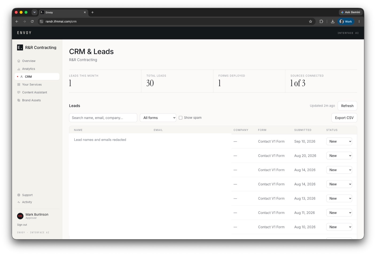 The CRM and Leads inbox listing form submissions with source form and status