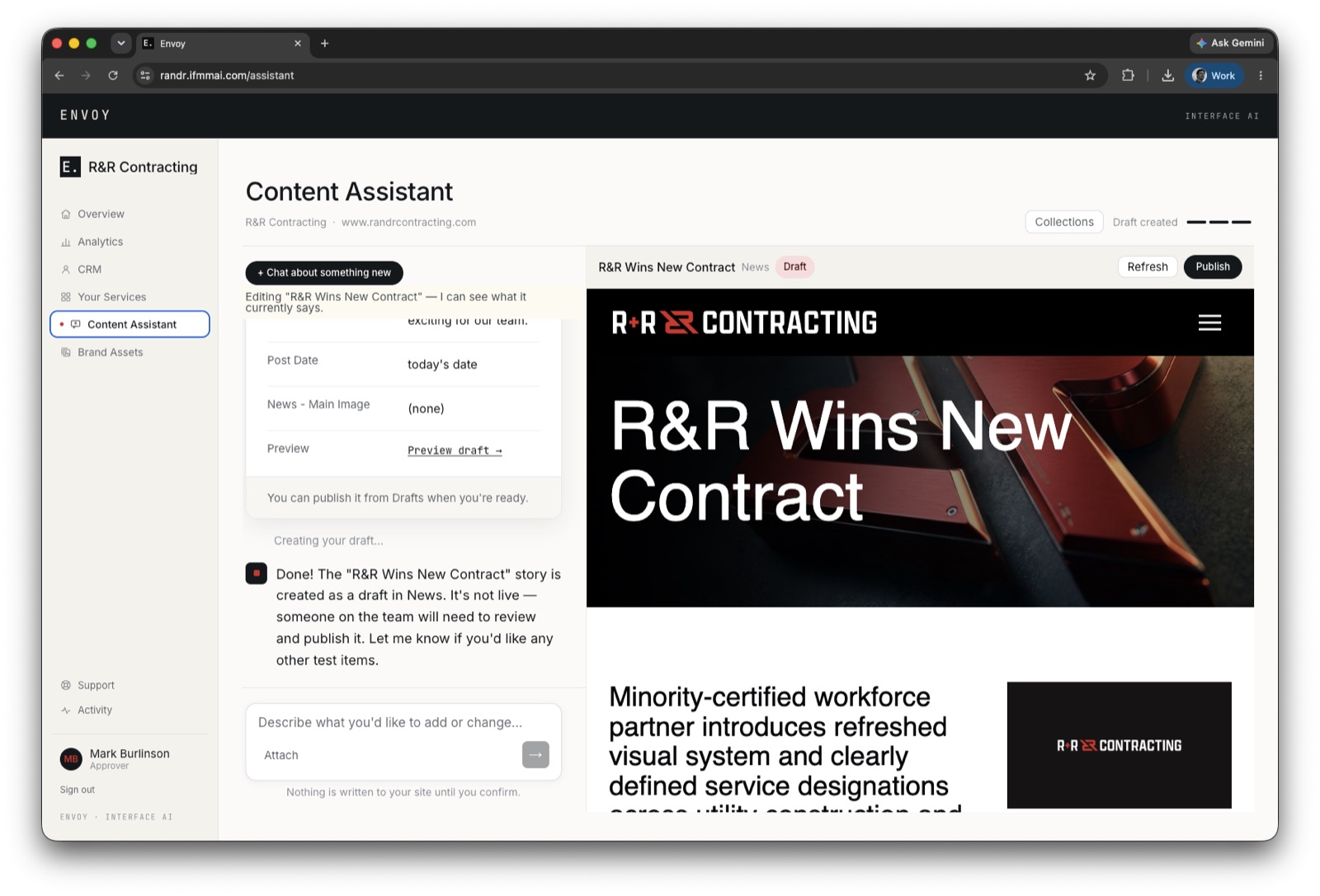 The Content Assistant beside a news draft rendered in the site's own page template