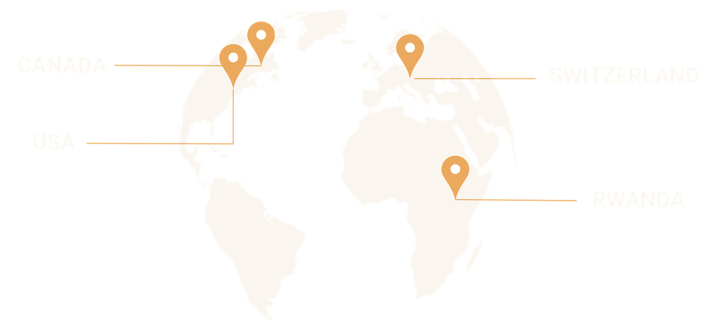 World map with pins placed on Canada, the USA, Rwanda and Switzerland