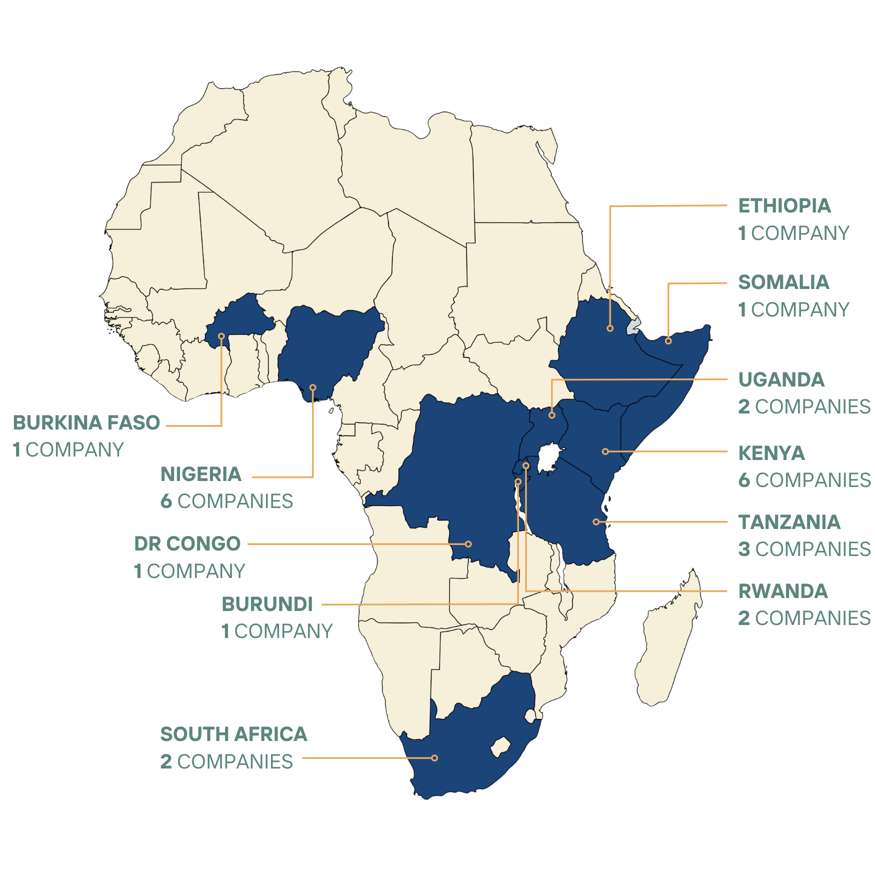 A map of Africa highlighting and labelling the following countries: Burkina Faso, Nigeria, DR Congo, Burundi, South Africa, Ethiopia, Somalia, Uganda, Kenya, Tanzania, Rwanda