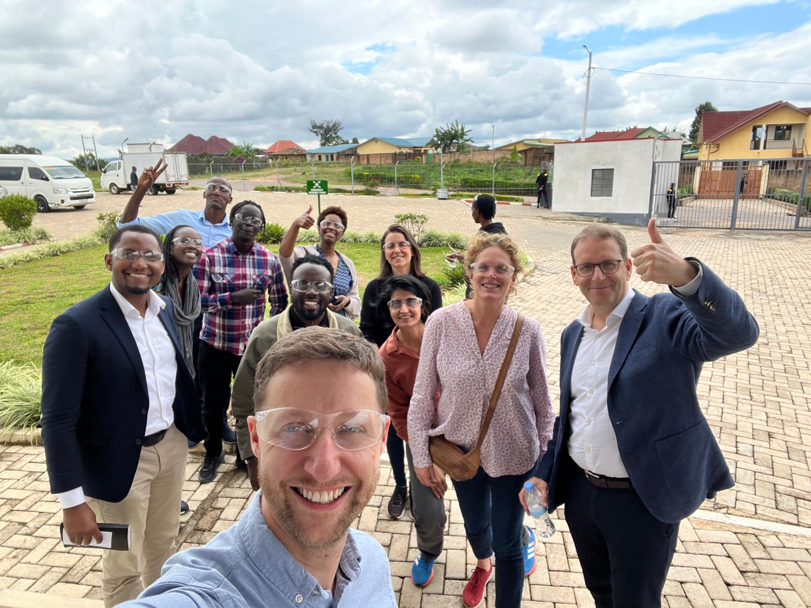 Team of people taking a selfie with protective glasses