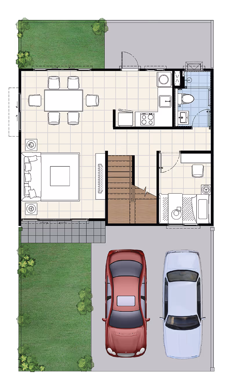 4 ห้องนอน 3 ห้องน้ำ 1 มุมรับแขก 1 ส่วนทานอาหาร ที่จอดรถ 2 คัน