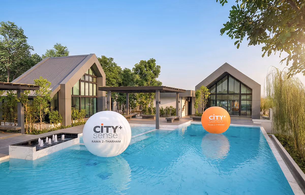 สโมสรดีไซน์ Modern Barn พร้อมสระว่ายน้ำระบบเกลือขนาดใหญ่ ทาวน์โฮมซิตี้เซนส์ พลัส พระราม 2 - ท่าข้าม