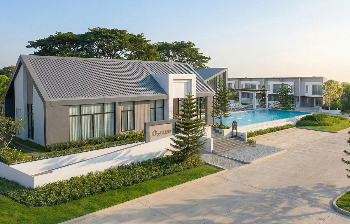 O₂ CLUB Clubhouse ดีไซน์ Modern Barn พร้อมสระว่ายน้ำระบบเกลือขนาดใหญ่