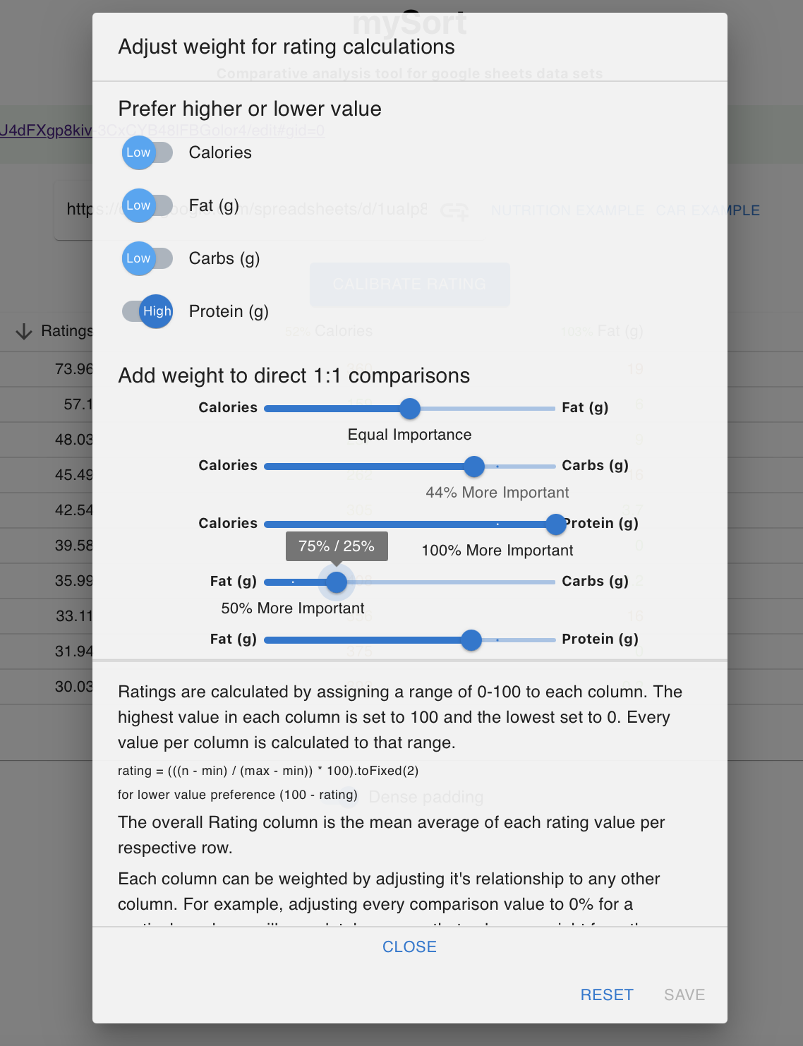 mySort calibration modal example.