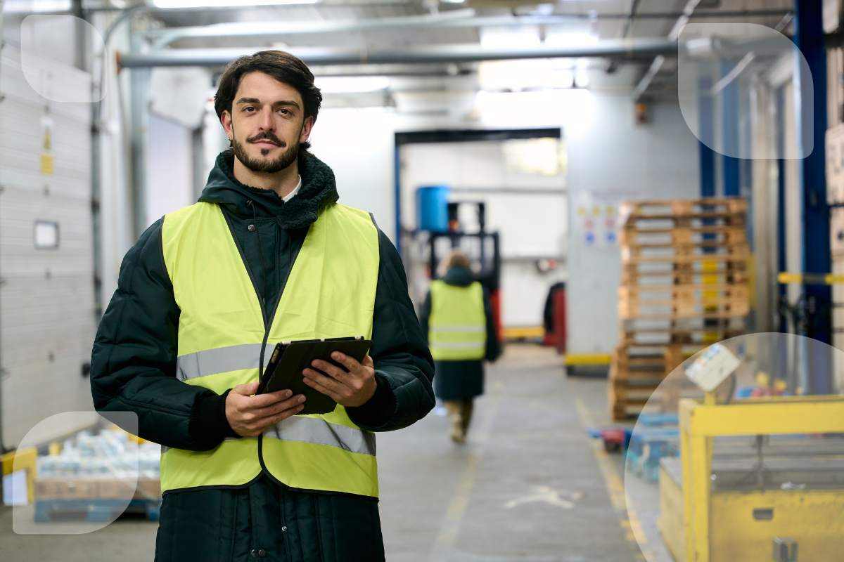 Ein Logistikmitarbeiter mit Tablet steht in einer Lagerhalle und kontrolliert die Abläufe. Durch Low-Code lassen sich Logistik-Prozesse schnell und flexibel digitalisieren.