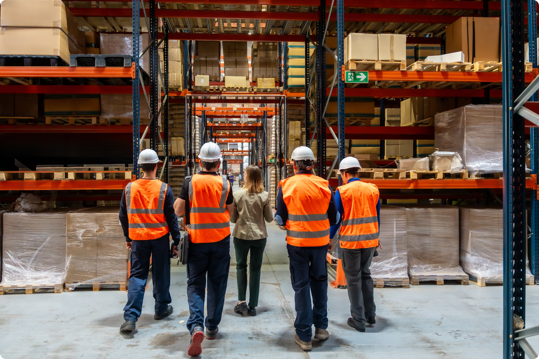 Ein Logistik-Team geht durch ein Warenhaus.