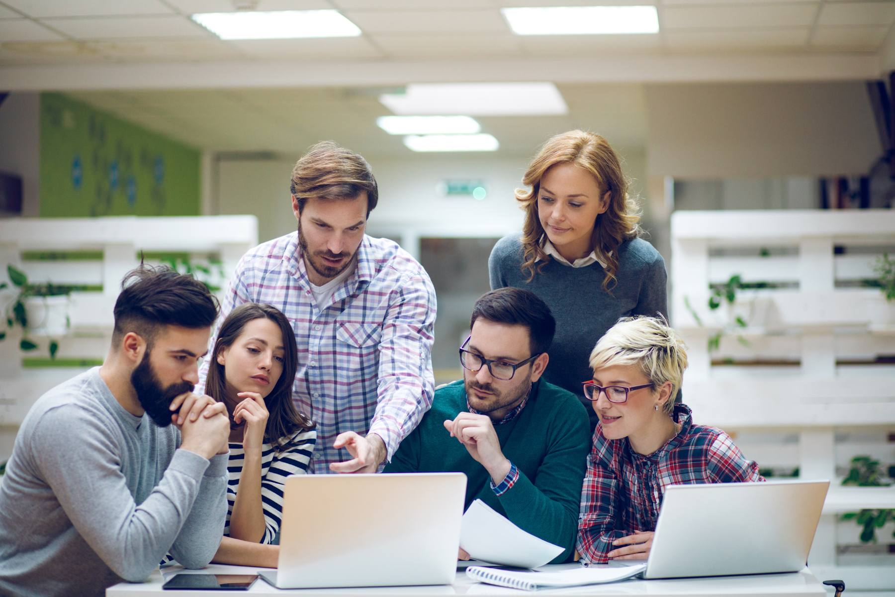 Eine Gruppe von Menschen vergleicht auf dem Laptop verschiedene Datenbank-Lösungen.