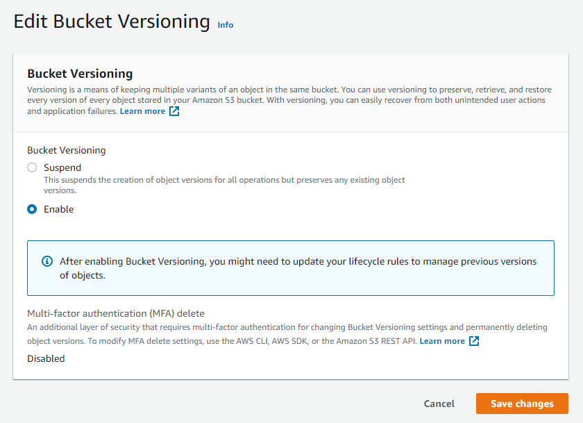 Edit Bucket Versioning in AWS. Can choose to suspend or enable bucket versioning. 