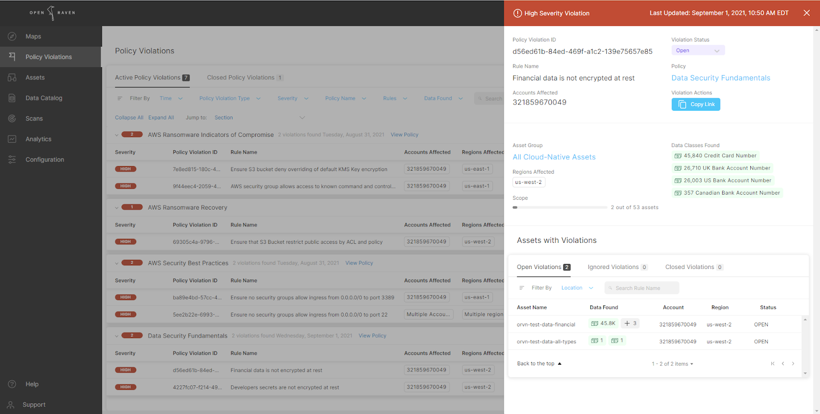 High Severity Violation panel showing the rule 'Financial data is not encrypted at rest' with a table of the assets with violations below.