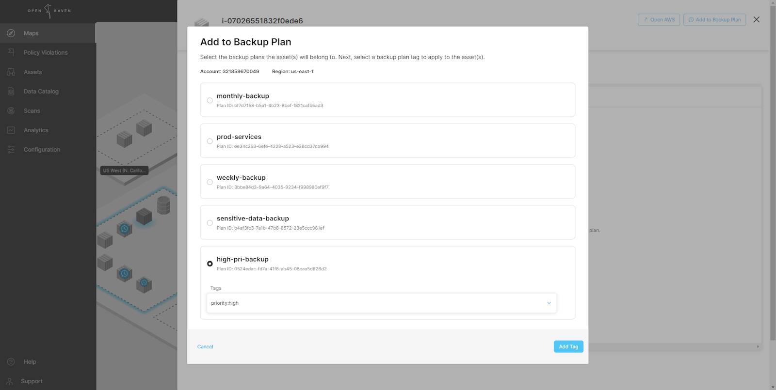 'Add to Backup Plan' modal appears above the asset details. Can select which plan and tags should apply to this specific asset.