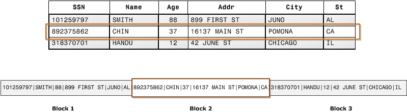 Table with SSN, Name, Age, Address. Middle row is highlighted. Below are the three blocks – block two that matches the middle row is highlight