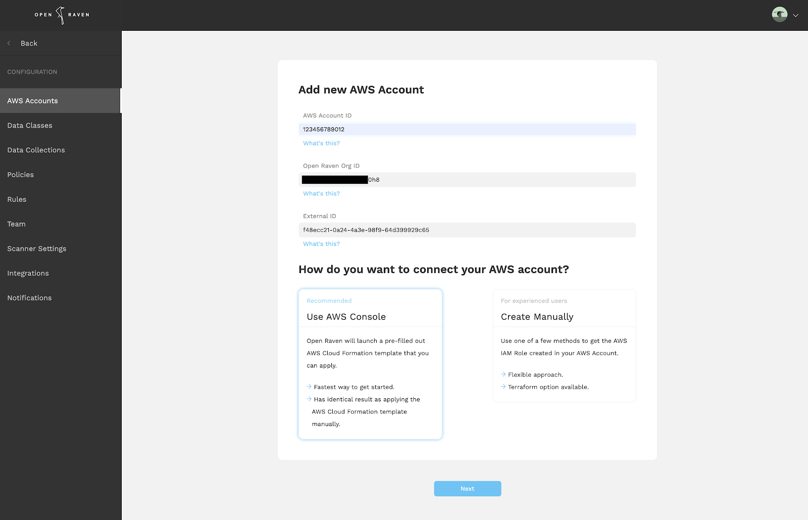 Screen to add a new AWS Account into Open Raven. There is the option to use AWS Console or create it manually.