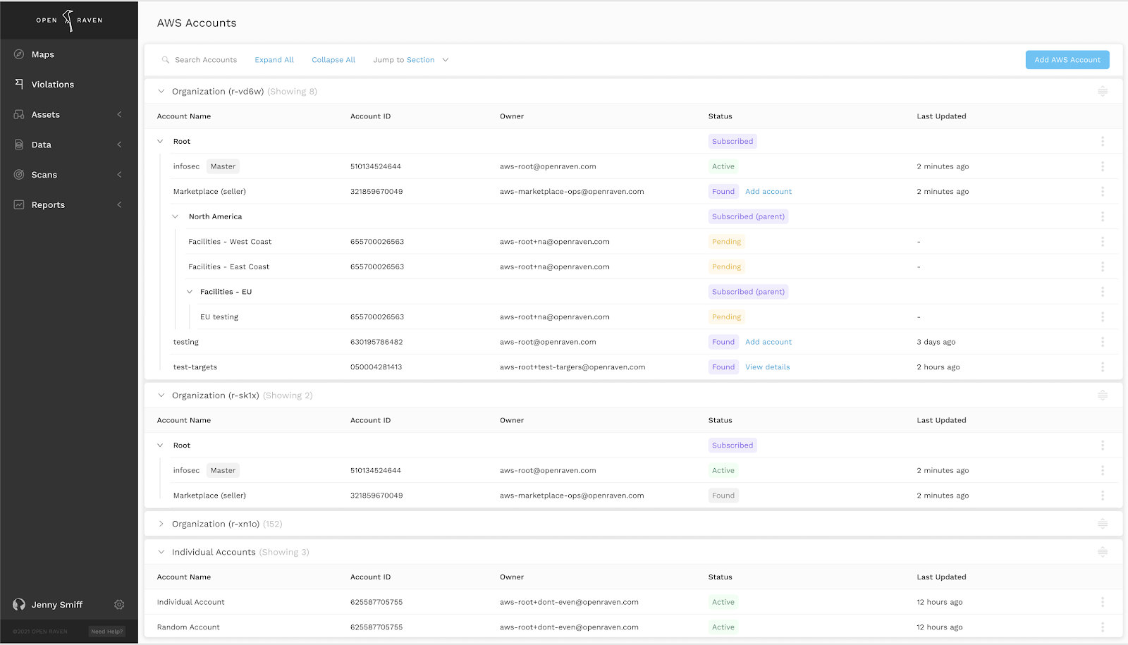 Table of AWS Accounts from different organizations and individual accounts. Shows stats like status and last updated. Can add an AWS Account from this screen.