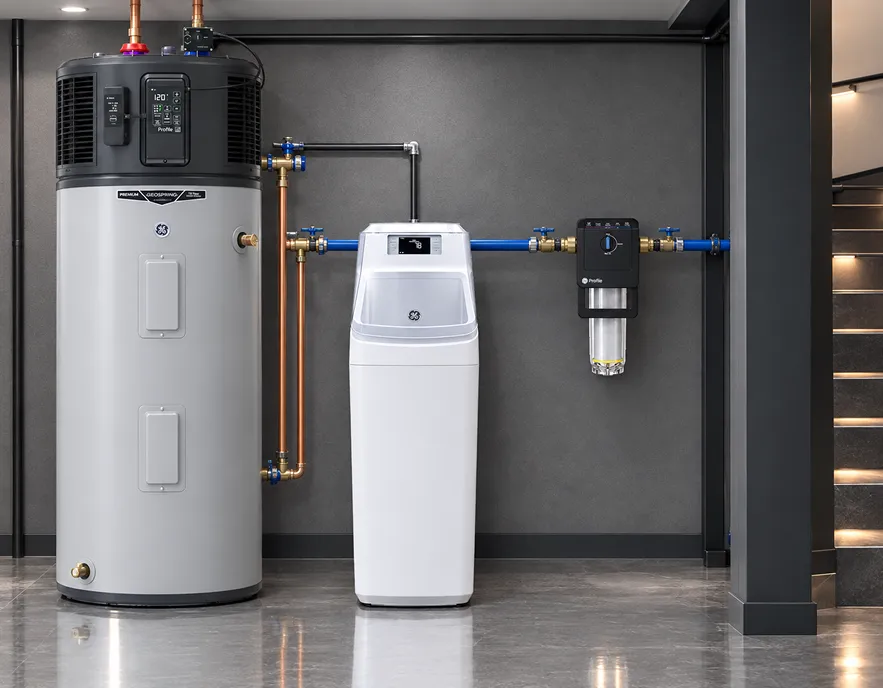 GE Profile Smart Water Valve with Integrated Filtration and SmartHQ leak sensor setup
