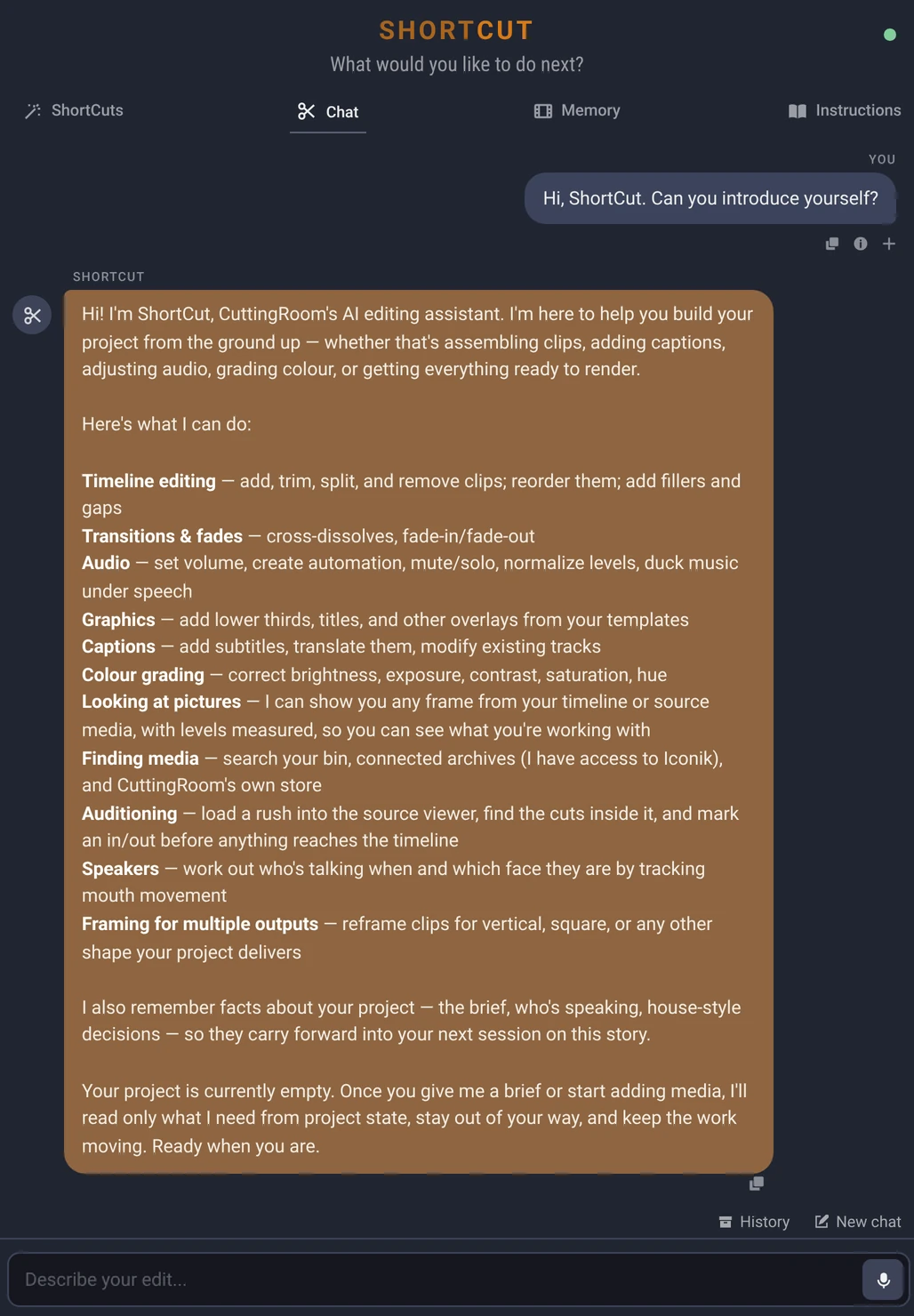 Shortcut AI assistant interface in CuttingRoom