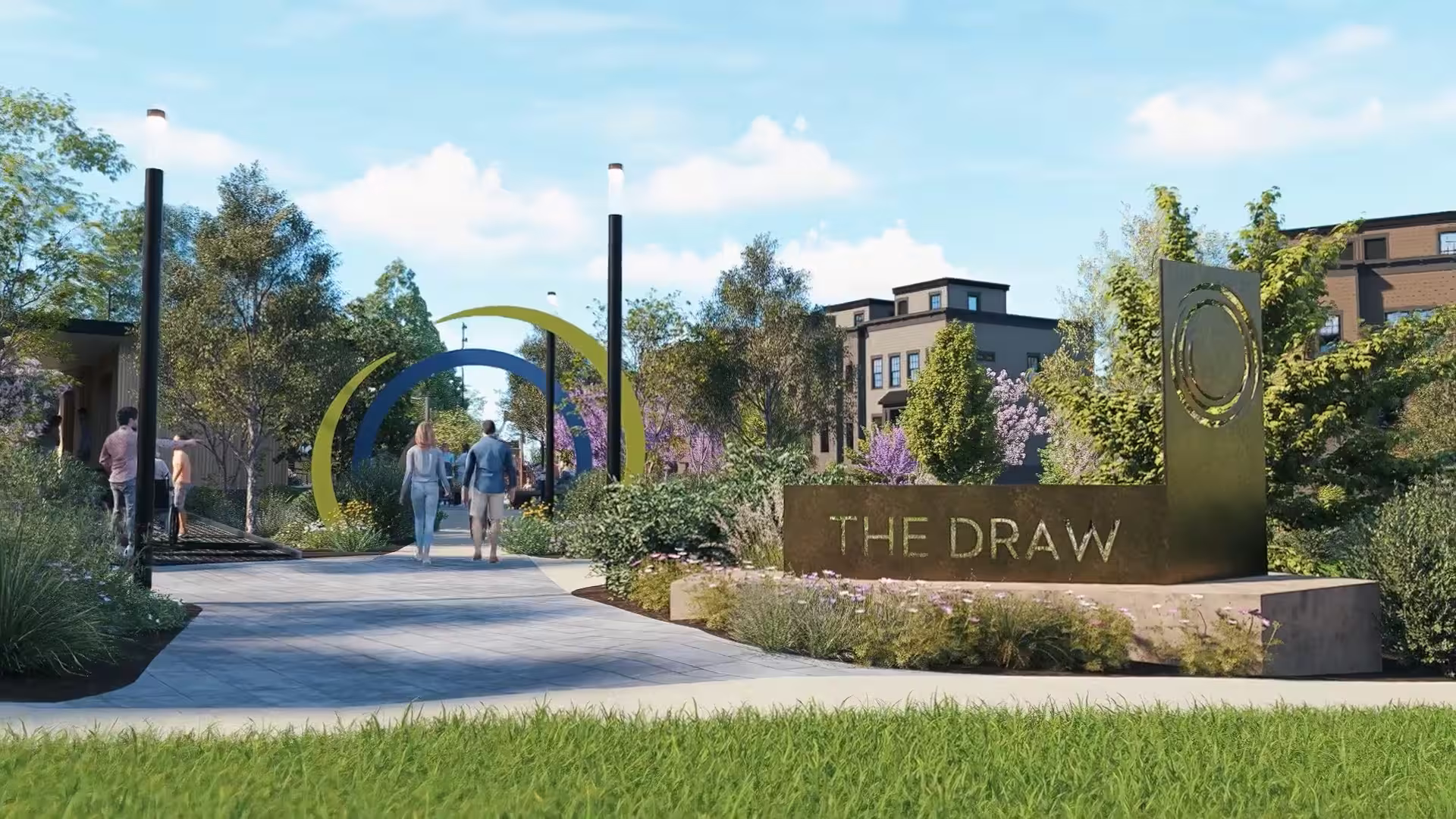 Rendering of the entrance sign to The Draw amenity at The Aire by HHHunt Communities