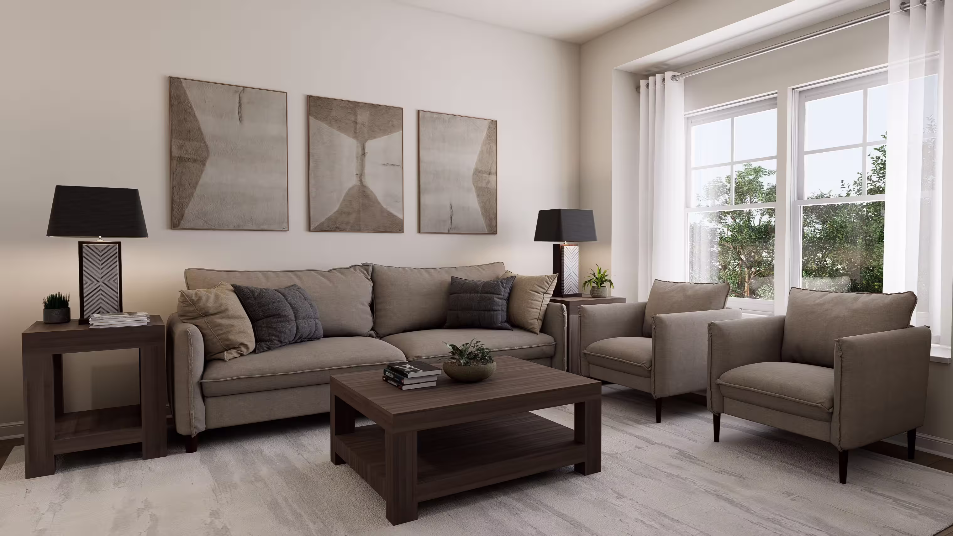 Modern, spacious living room featuring a couch, tables and chairs in front of a large window