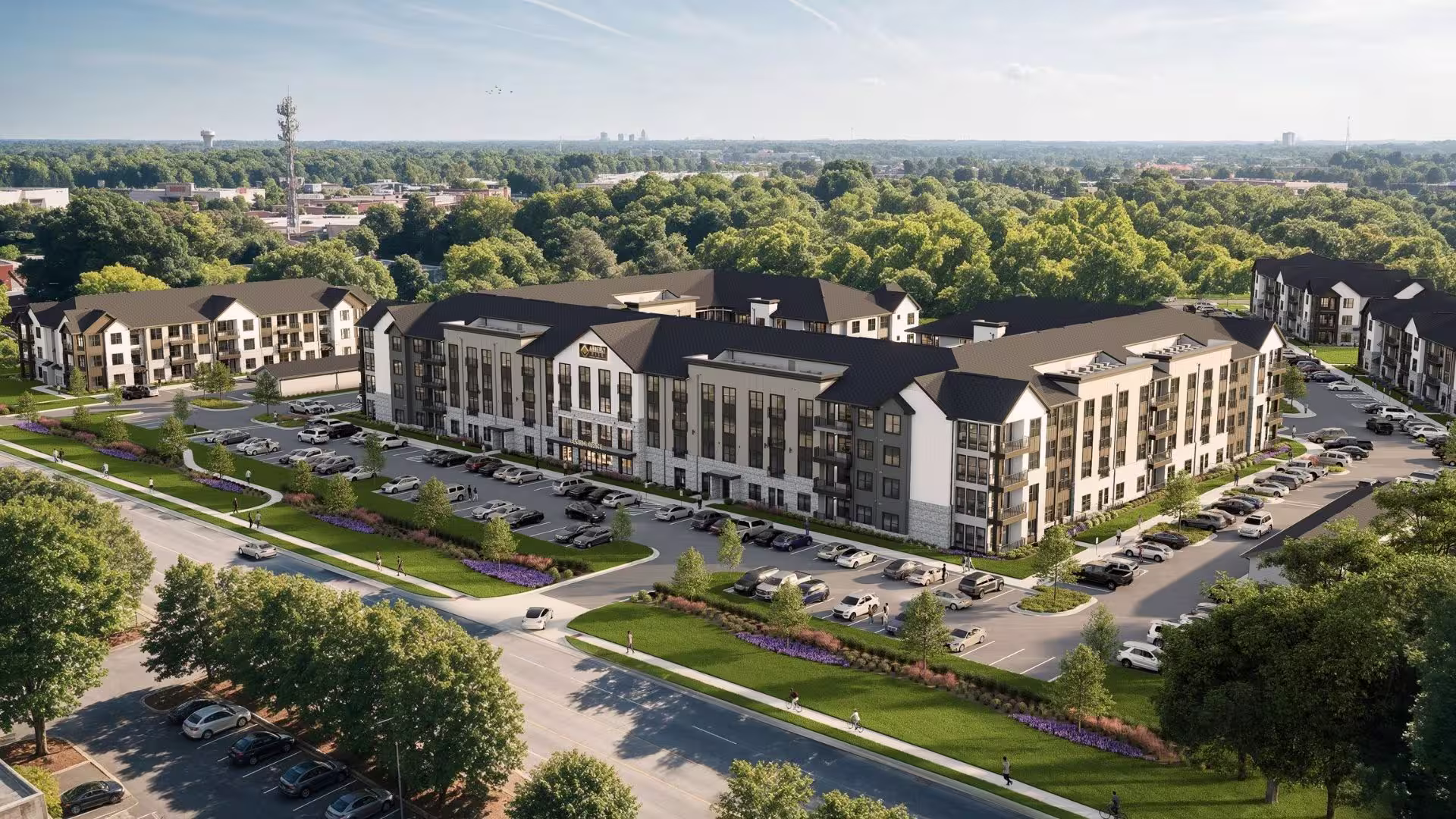 A rendering drone shot of a fully-built apartment community