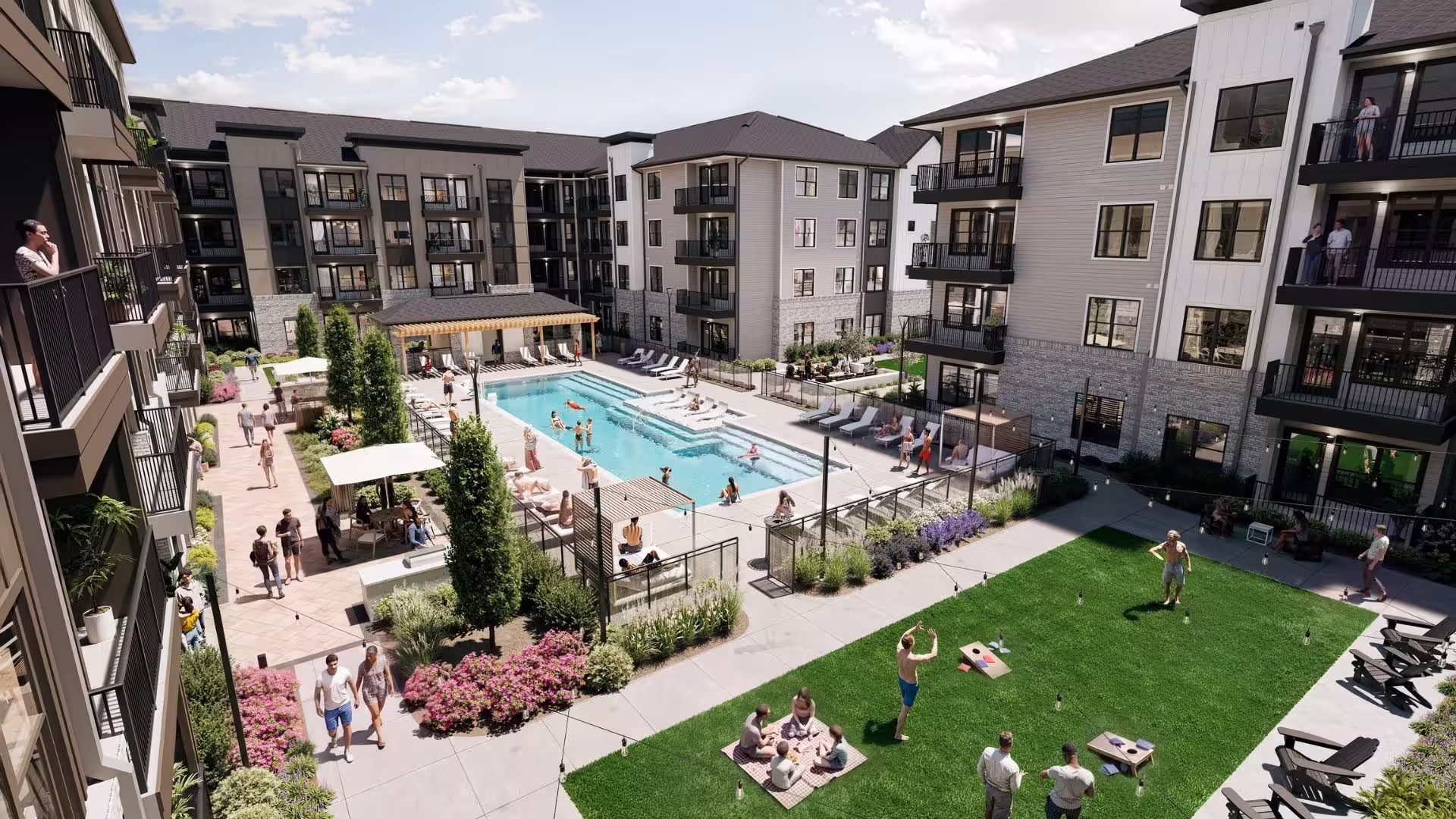 A rendering of a drone shot showing apartments, a pool and a hangout lawn.