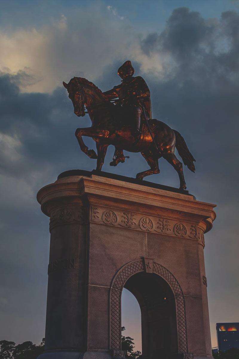 Sam Houston monument outdoors at the northwest corner of Houston's Hermann Park