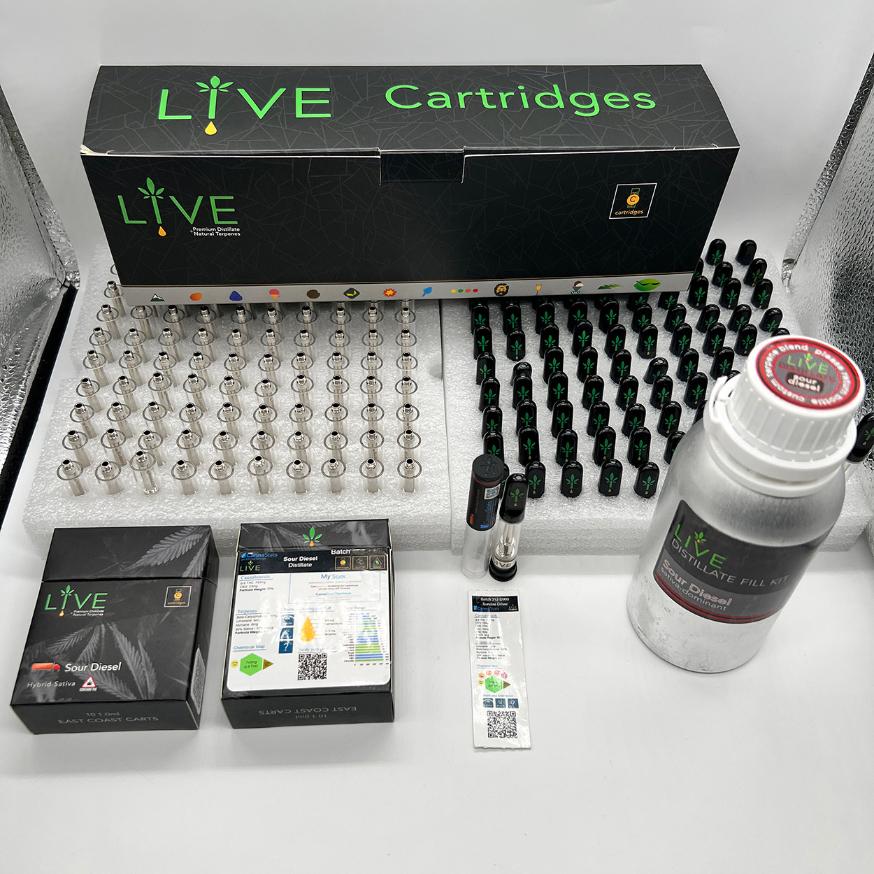 LIVE Cartridges packed and staged for fulfillment at a licensed production facility.