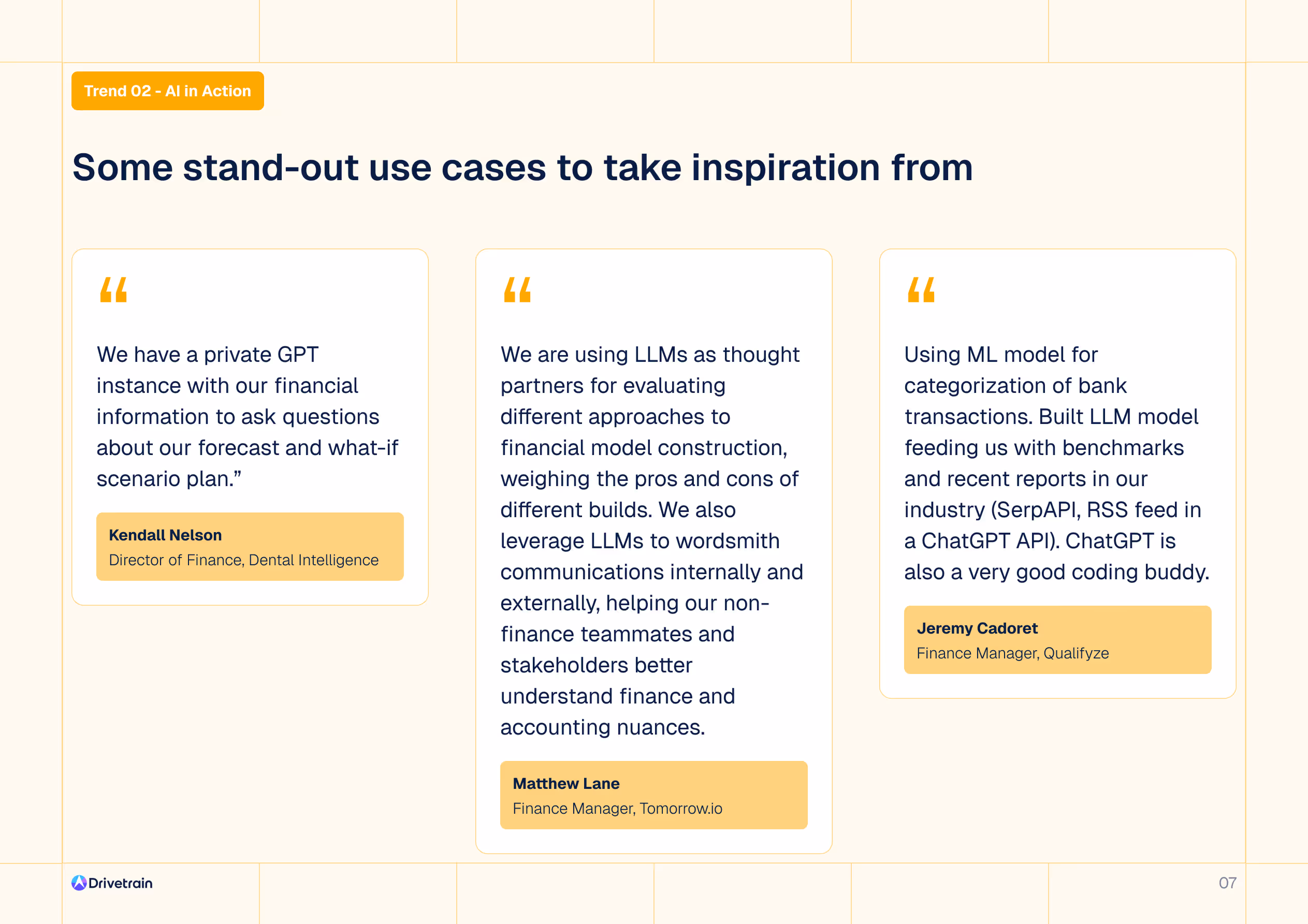 Page 6 of the State of AI in FP&A Report by Drivetrain - highlighting standout AI use cases adopted by FP&A teams