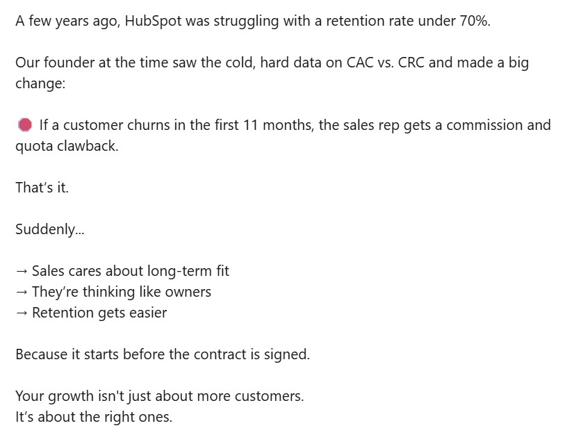 Excerpt from a LinkedIn post by HubSpot's Global Director of Customer Success for Strategic Accounts, Daphne Costa Lopes, on the benefits of clawback policies.  