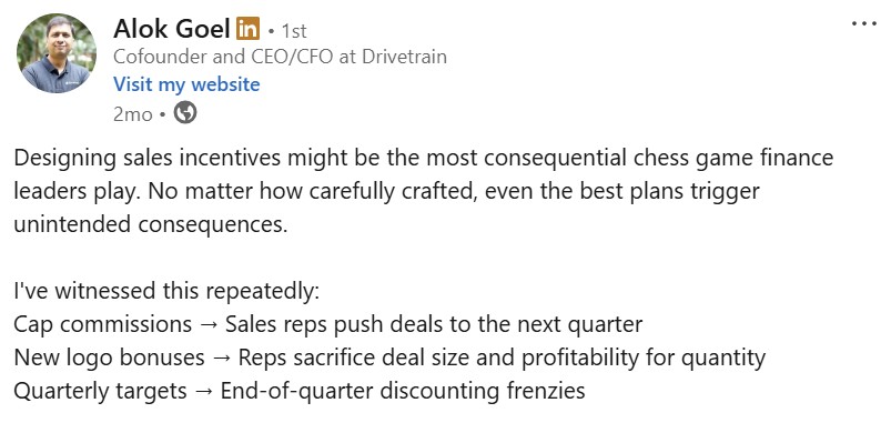 Excerpt from Alok Goel's LinkedIn post about designing sales incentives.