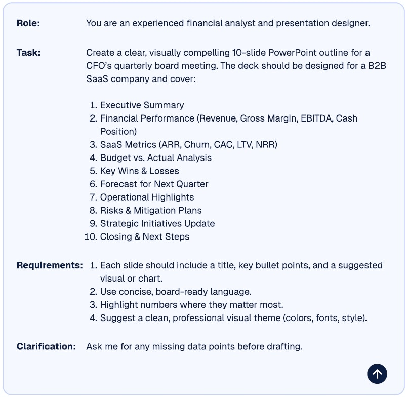 ChatGPT prompt for building a board presentation slide deck (prompt is provided in the narrative of the article).