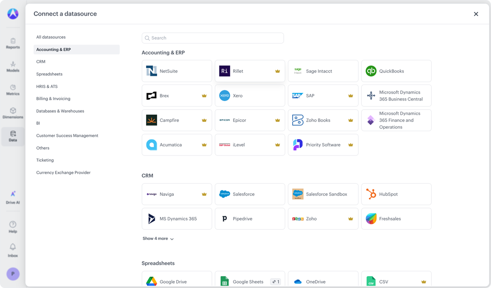 Drivetrain’s “Connect a datasource” screen showing Rillet listed under Accounting & ERP integrations alongside platforms like NetSuite, QuickBooks and Sage Intacct.
