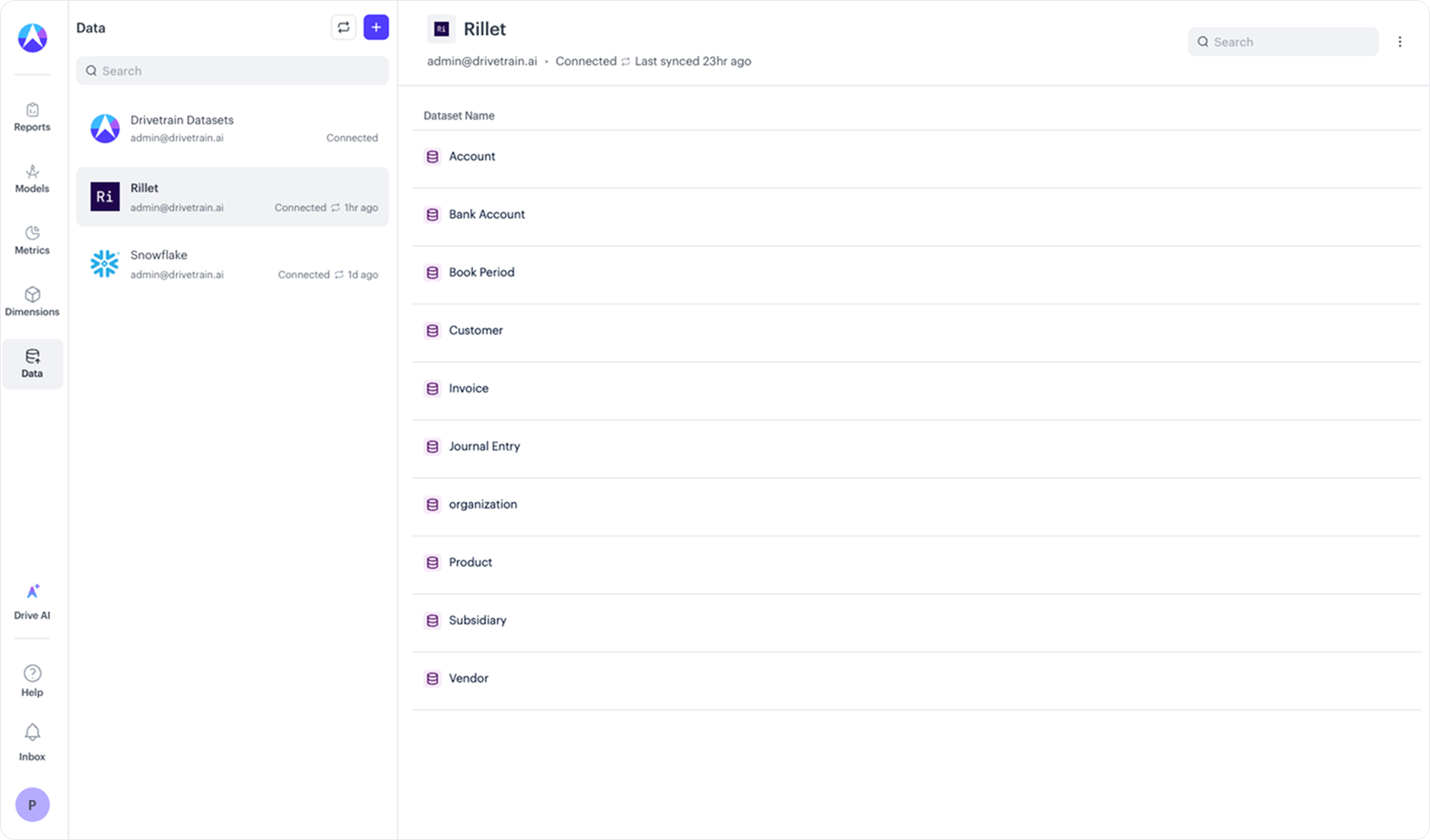 Drivetrain data workspace showing an active Rillet native integration with connected datasets such as accounts, invoices, journal entries and vendors, along with sync status.