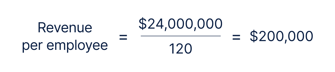 Example calculation of revenue per employee: 24 million dollars in revenue divided by an average headcount of 120 employees equals 200,000 dollars in revenue per employee. 