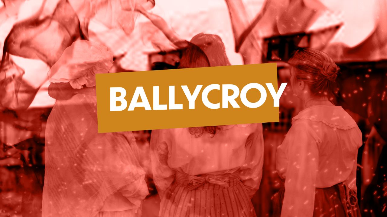 Three ghostly women shown standing in front of a burning barn with show title BALLYCROY