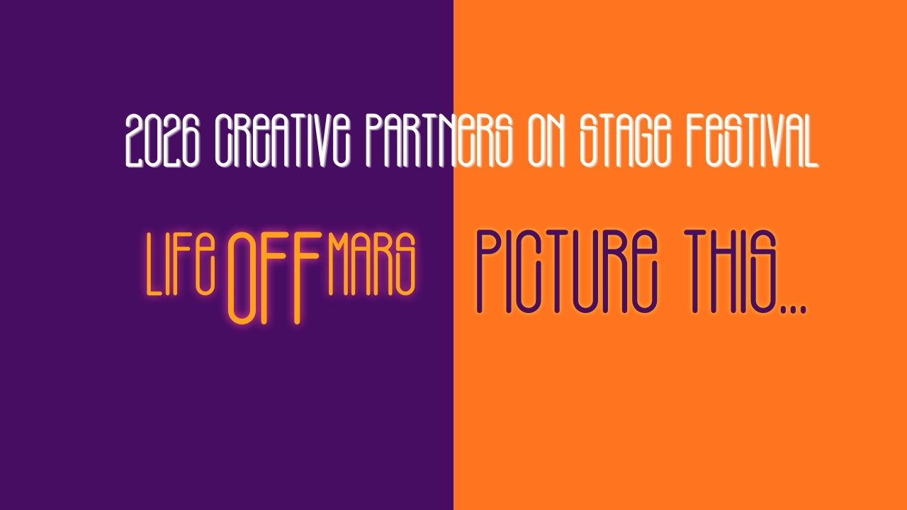 Purple & Orange background with show titles & festival title