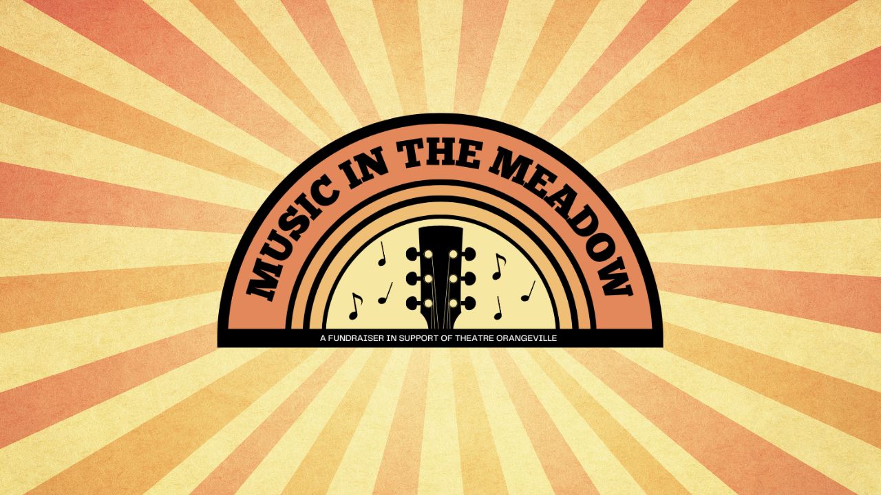 Music in the Meadow event title with a guitar and music notes on a rainbow style background