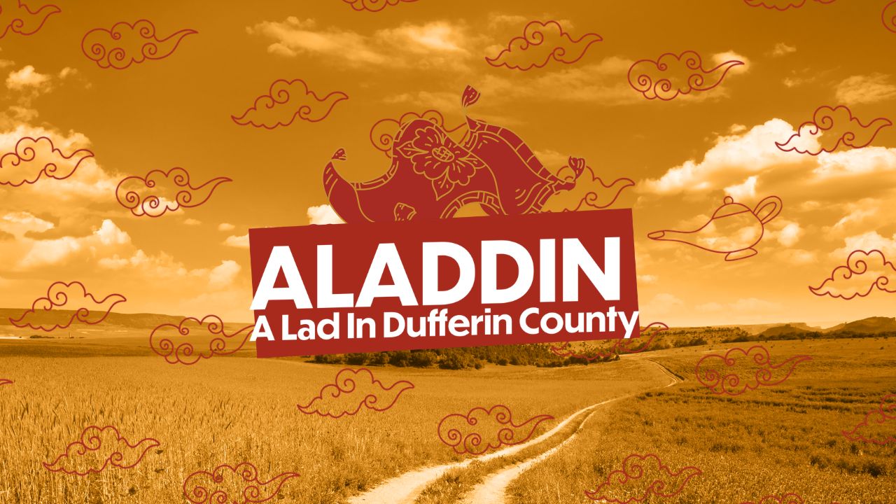 A long windy road with an overlay of clouds and a drawn lamp and the show title.