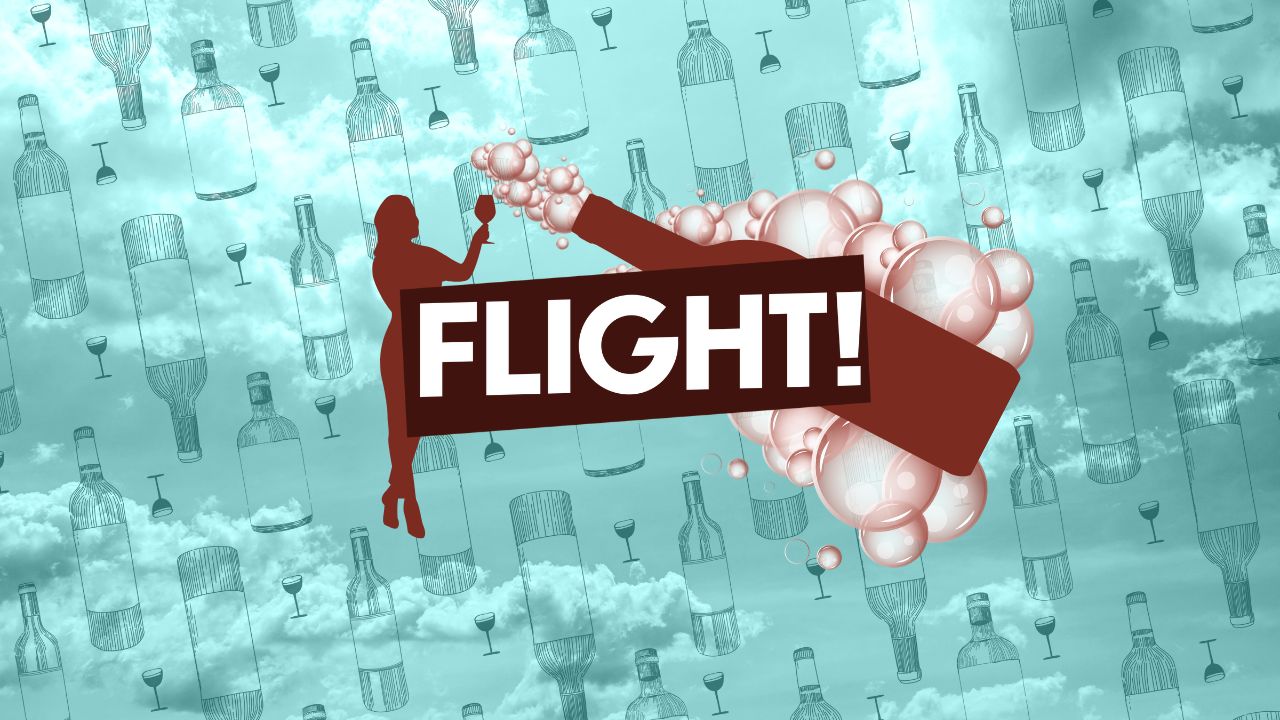 Clouds overlayed with wine bottles and glasses and the show title Flight!