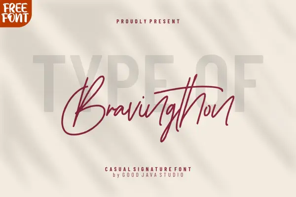 Bravingthon natural signature style font with fluid movement