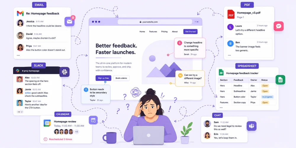 Feedback scattered across email, Slack, chat, spreadsheet, and calendar tools